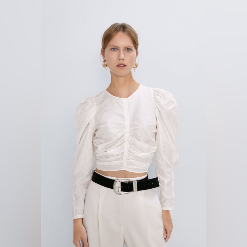 Zara Puff Sleeve Gathered Jacquard Top